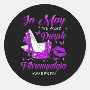 Pegatina Redonda ¿Podemos Usar Tos Altos Púrpura Fibromialgia Aware