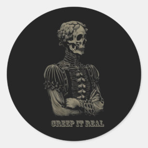 Pegatina Redonda Poesía Skeleton Poeta en espera de brazos doblado
