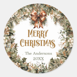 Pegatina Redonda Poinsette blanco y verde sabio a la moda