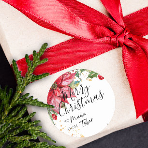 Pegatina Redonda Poinsettia acuarela de Navidad DE y PARA