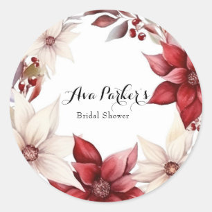 Pegatina Redonda Poinsettia blanca y roja Wreath Bridal Shower