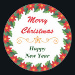 Pegatina Redonda Poinsettia Border Merry Christmas<br><div class="desc">Una corona de bonito roja,  verde y dorada de poinsettia hace un colorido borde en este pegatina de vacaciones. Adentro está tu texto personalizado en rojo y verde,  con un divisor floral dorado ornamentado en el medio. Perfecto para la correspondencia de Navidades,  o para muchos otros usos de vacaciones.</div>