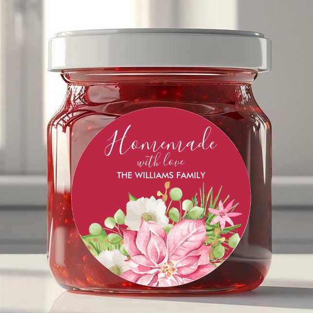 Pegatina Redonda Poinsettia casera con Navidades de amor que hornea (Poinsettia Homemade With Love Christmas Baking 3" Round Stickers)