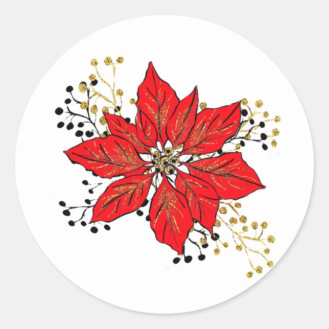 Pegatina Redonda Poinsettia Christmas Sticker (Anverso)