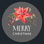 Pegatina Redonda Poinsettia Merry Christmas Botanical<br><div class="desc">Los Navidades festivos favorecen a los pegatinas con ilustraciones acuáticos de poinsettia y botánicos de invierno. El texto dice "Feliz Navidad".</div>