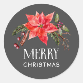 Pegatina Redonda Poinsettia Merry Christmas Botanical