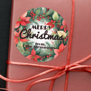 Pegatina Redonda Poinsettia Red Berries y Holly Lee Navidades