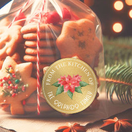 Pegatina Redonda Poinsettia roja de los Navidades de oro de la coci