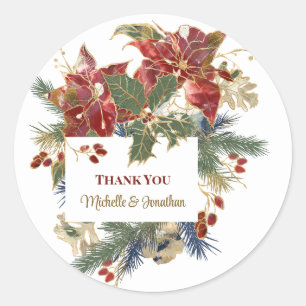 Pegatina Redonda Poinsettia Roja Navidad Personalizado Gracias