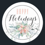 Pegatina Redonda Poinsettia rosa Feliz feriado / blanco<br><div class="desc">Diseño de Poinsettia rosa con un saludo de Feliz Navidad en blanco. Excelente para envolver regalos,  sellar sobres,  adjuntar etiquetas a un paquete o poner en tus hijos bolsas de almuerzo!!</div>