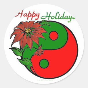 Pegatina Redonda Poinsettia Verde Rojo Yin Yang Navideño