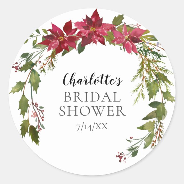 Pegatina Redonda Poinsettia Wreath Bridal Shower (Anverso)