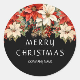 Pegatina Redonda Poinsettias Feliz Navidad