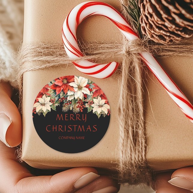 Pegatina Redonda Poinsettias Feliz Navidad (Poinsettias Merry Christmas Classic Round Sticker)