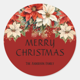Pegatina Redonda Poinsettias Feliz Navidad