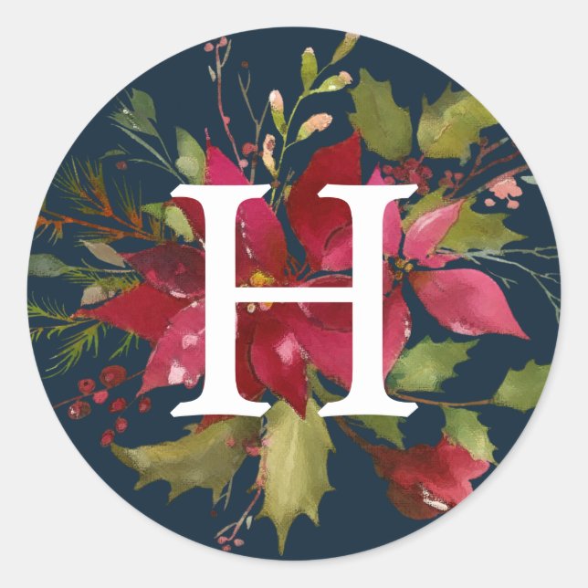 Pegatina Redonda Poinsettias Pintadas | Fiesta Navideña Monograma (Anverso)