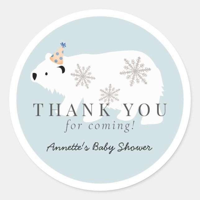 Pegatina Redonda Polar Bear Blue Boy Baby Shower Gracias (Anverso)