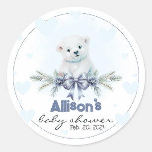 Pegatina Redonda Polar Bear Cub Boy Blue Hearts Winter Baby Shower