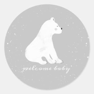Pegatina Redonda Polar Bear Cub Invierno Nieve Gris Baby Shower