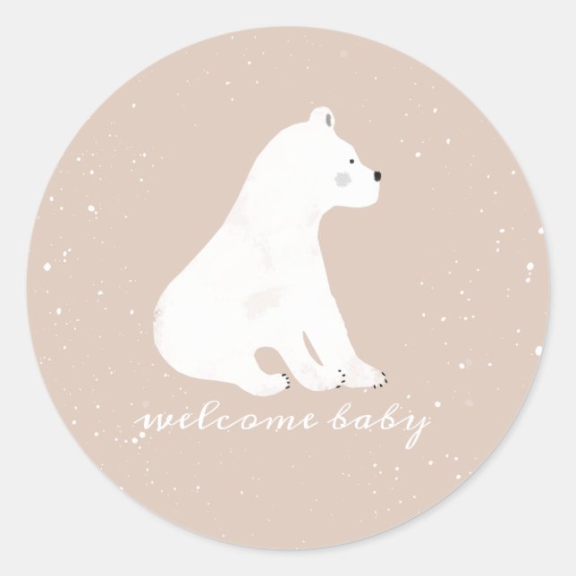 Pegatina Redonda Polar Bear Cub Invierno Nieve Rosa Baby Shower (Anverso)