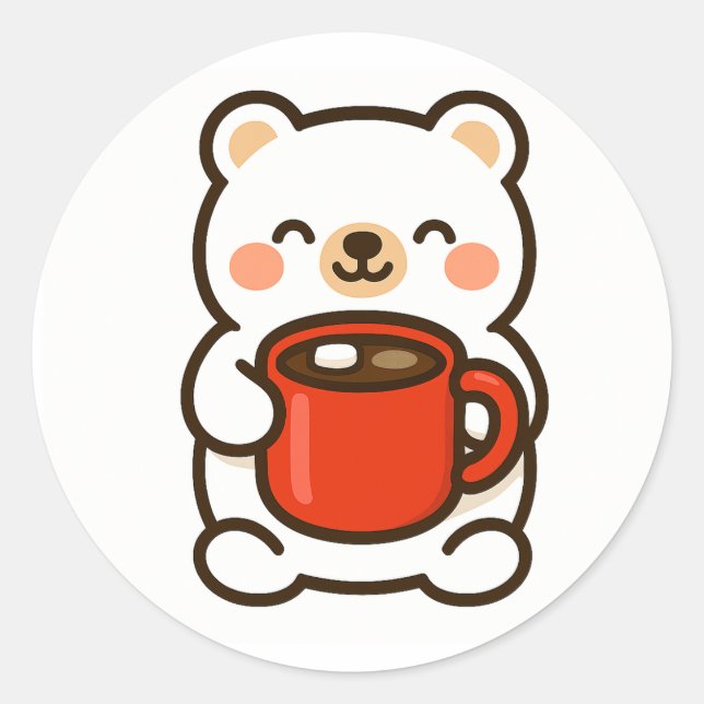 Pegatina Redonda Polar Bear With Coffee – Cute Animal Sticker (Anverso)