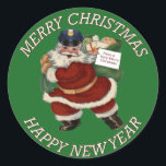 PEGATINA REDONDA POLICÍA MERRY CHRISTMAS SANT CLAUS<br><div class="desc">Este PEGATINA está decorado con SANTA CLAUS usando un GORRA POLICIAL rodeadoD con las palabras FELIZ NAVIDAD AÑO NUEVO.</div>