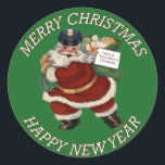 PEGATINA REDONDA POLICÍA MERRY CHRISTMAS SANT CLAUS<br><div class="desc">Este PEGATINA está decorado con SANTA CLAUS usando un GORRA POLICIAL rodeadoD con las palabras FELIZ NAVIDAD AÑO NUEVO.</div>