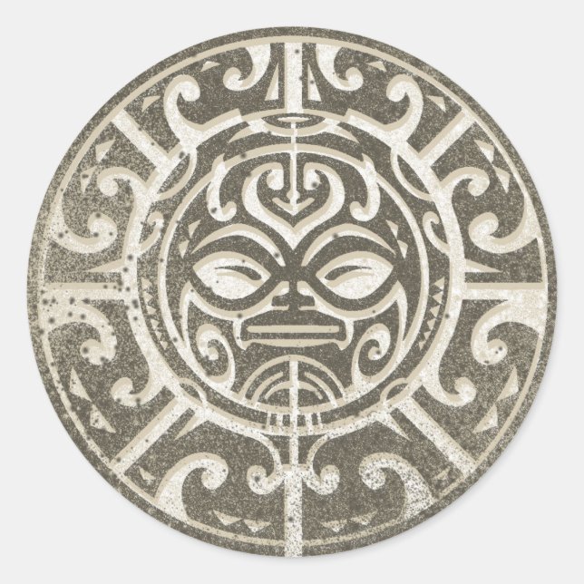 Pegatina Redonda Polinesia Tribal Face Brown (Anverso)