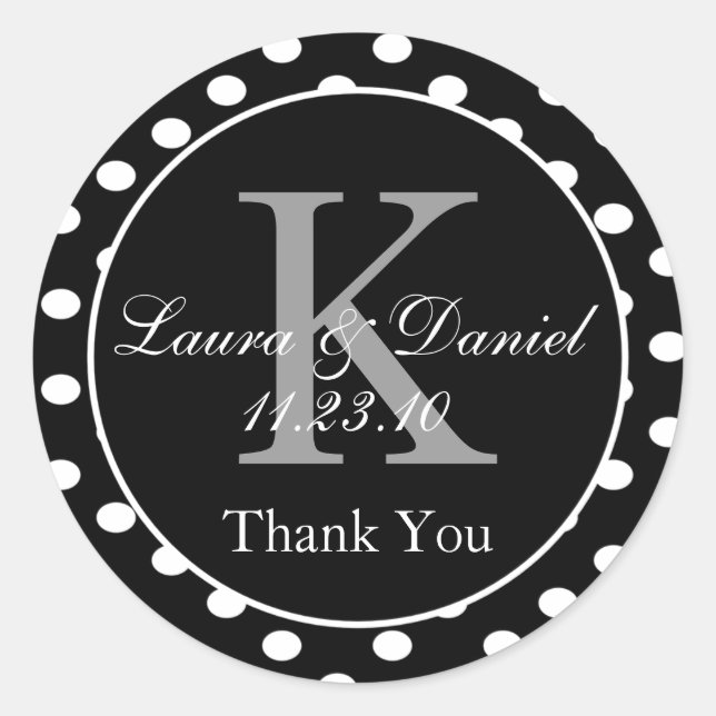 Pegatina Redonda Polka blanco blanco blanco y blanco lindo monogram (Anverso)