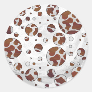 Pegatina Redonda Polka Dot Cow impresión en blanco y marrón