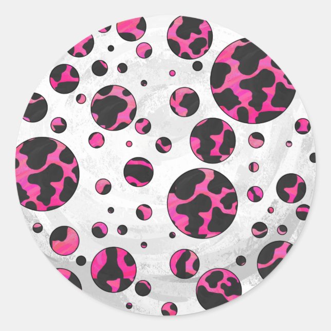 Pegatina Redonda Polka Dot Cow Pink y Black Print (Anverso)