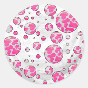 Pegatina Redonda Polka Dot Cow rosa y blanco