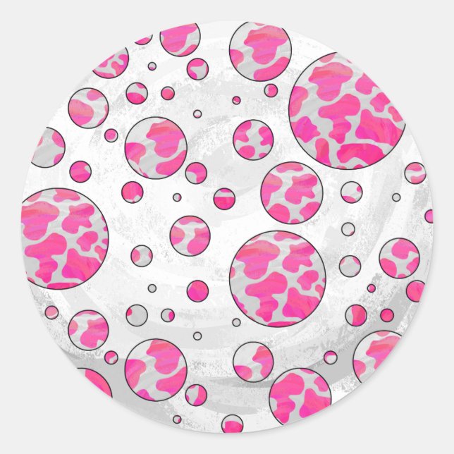 Pegatina Redonda Polka Dot Cow rosa y blanco (Anverso)