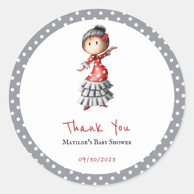 Pegatina Redonda Polka Dot Gray White Flamenco Sevillana Bailarina (Anverso)