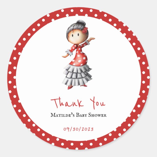 Pegatina Redonda Polka Dot Rojo Flamenco Sevillana Bailante (Anverso)