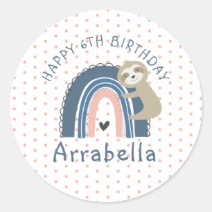 Pegatina Redonda Polka Dot Sloth Rainbow Photo Chica 6 cumpleaños