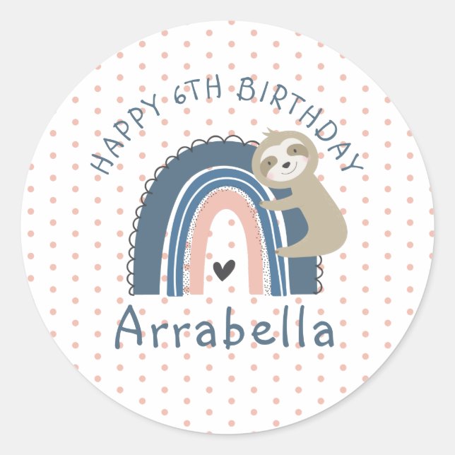 Pegatina Redonda Polka Dot Sloth Rainbow Photo Chica 6 cumpleaños (Anverso)