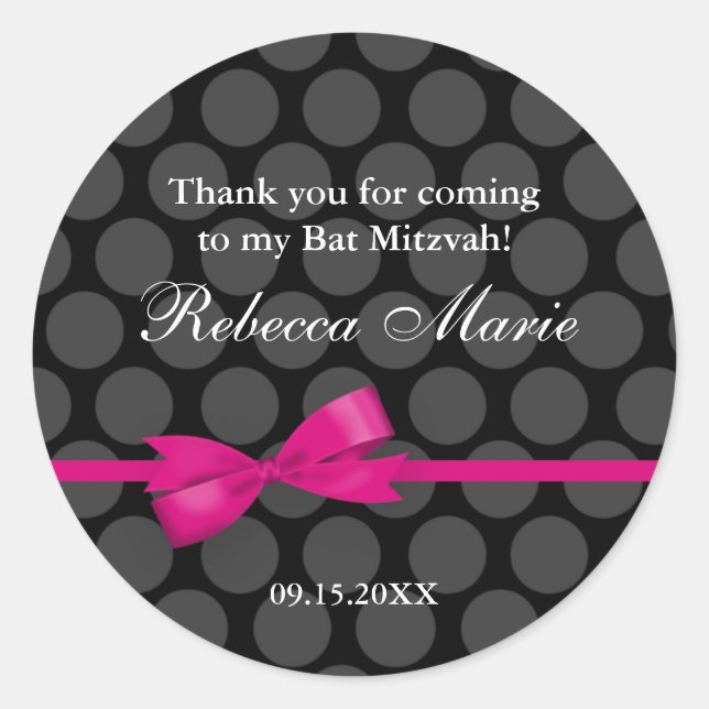Pegatina Redonda Polka rosa y negro Bow Bat Mitzvah Favor (Anverso)