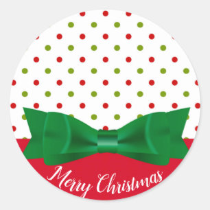 Pegatina Redonda Polka Verde y Rojo Bow Tie Feliz Navidad