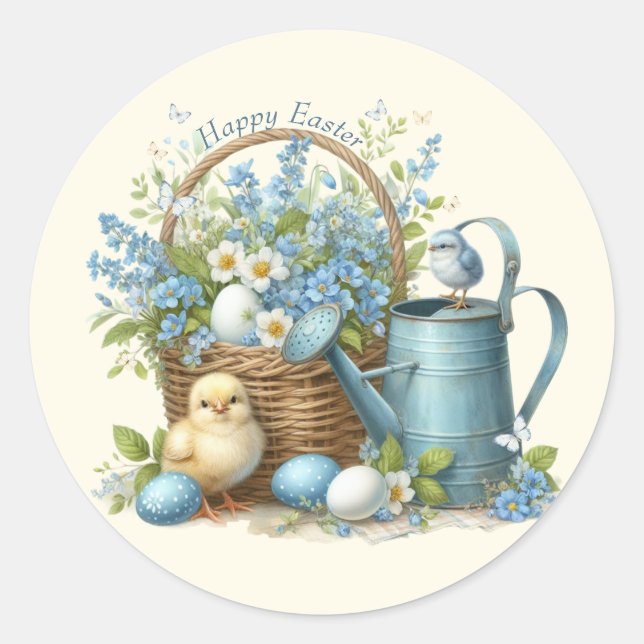Pegatina Redonda Pollito de Pascua Personalizado Acuarela (Anverso)