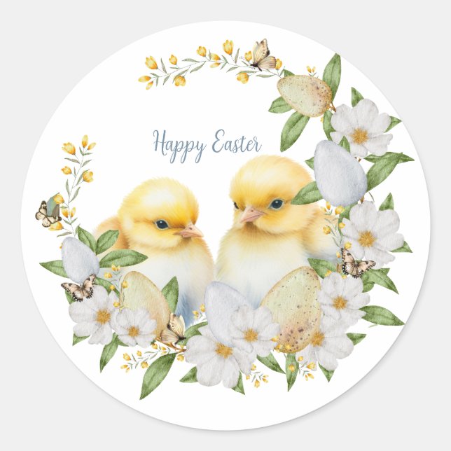 Pegatina Redonda Pollito de Pascua Personalizado Acuarela (Anverso)