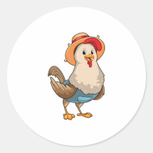 Pegatina Redonda Pollo como granjero con Gorra