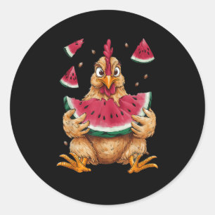 Pegatina Redonda Pollo Cutáneo Comer sandía Fruta Verano Hombres Wo