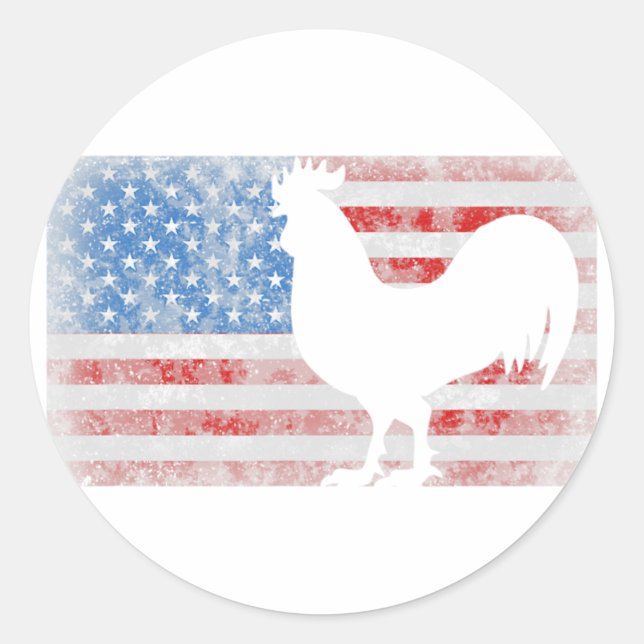 Pegatina Redonda Pollo de gallo de bandera estadounidense 4 de juli (Anverso)