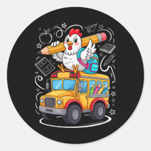 Pegatina Redonda Pollo De Vuelta Al Colegio Autobús Escolar 100 Día