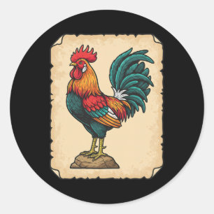 Pegatina Redonda Pollo, gallo colorido erguido