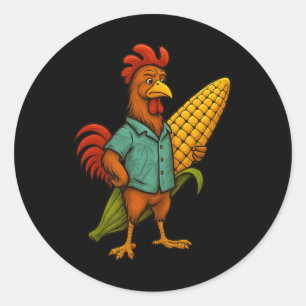 Pegatina Redonda Pollo Gallo Retro Lindo Hawaiano Maíz Surfing S