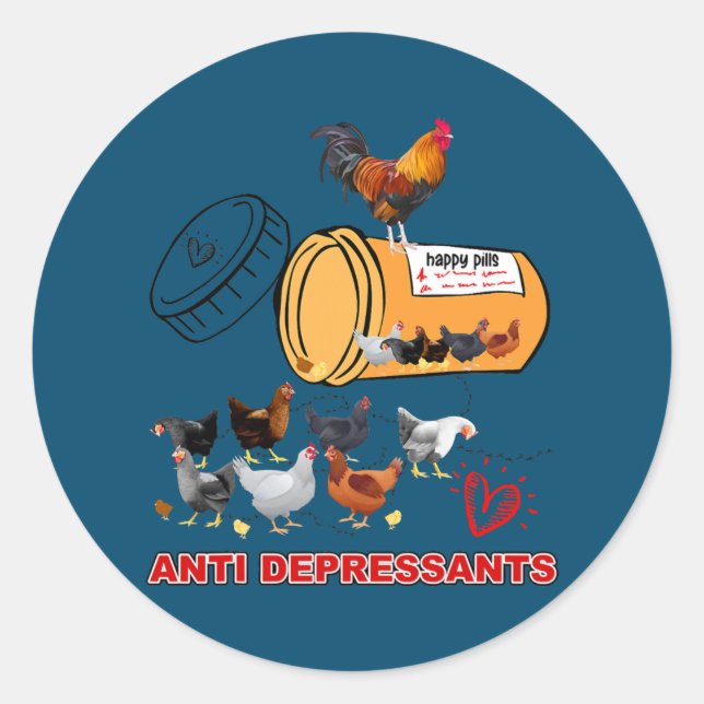 Pegatina Redonda Pollo gracioso pastillas felices anti pollo depres (Anverso)