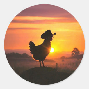 Pegatina Redonda Pollo Lindo con Sombrero de Vaquero País Divertido