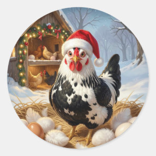 Pegatina Redonda Pollo negro y blanco con sombrero de Santa Navidad